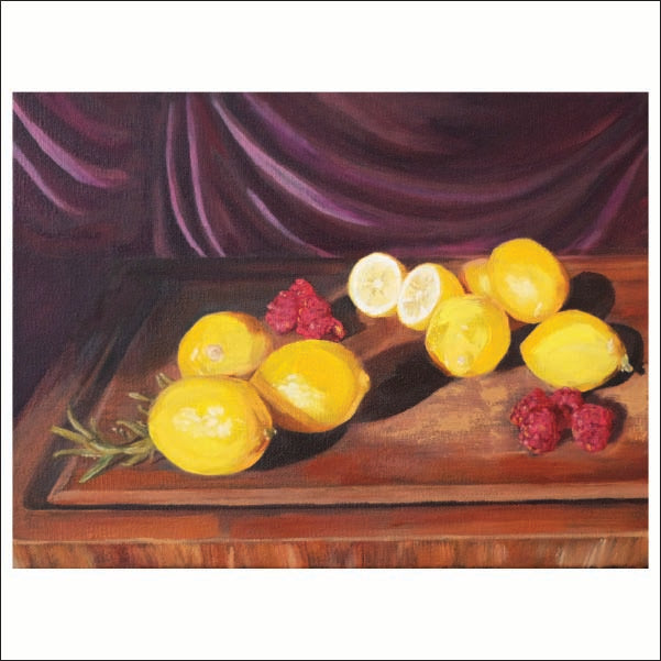 A still life painting of lemons and raspberries on a wooden board, set against a dark purple draped background, shown with a white border.